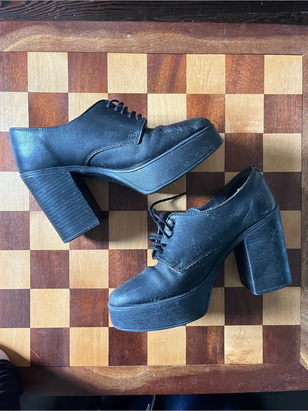 Vintage 90s Y2K Black Platform Lace-Up Heeled Oxfords Size 6.5